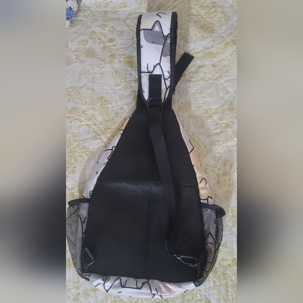 Cute Cat Print Sling Backpack in Gray and Pink - Picture 3 of 3